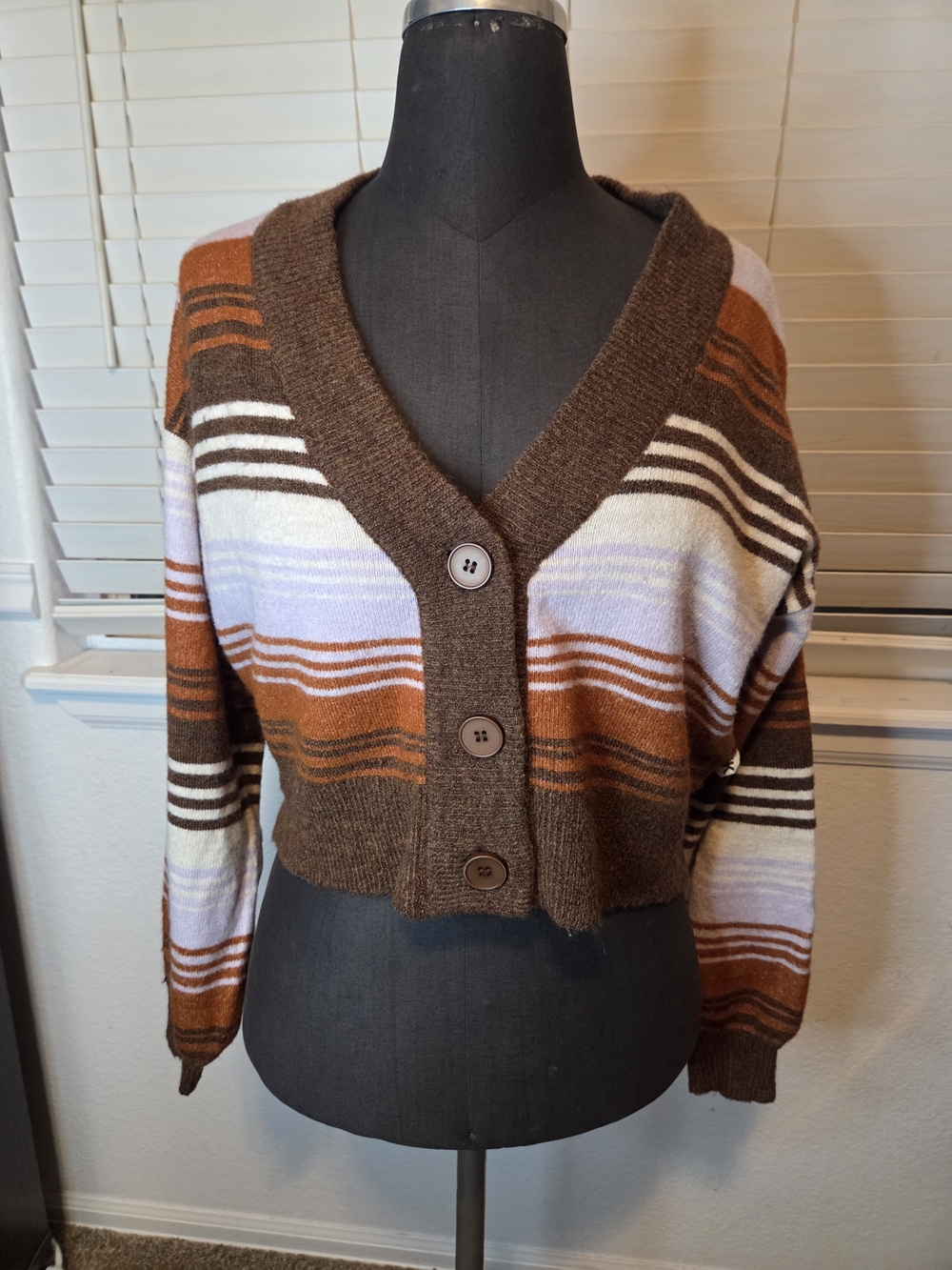 Kendall & Kylie Cropped Striped Cardigan in Brown, Rust, Cream, Lavender